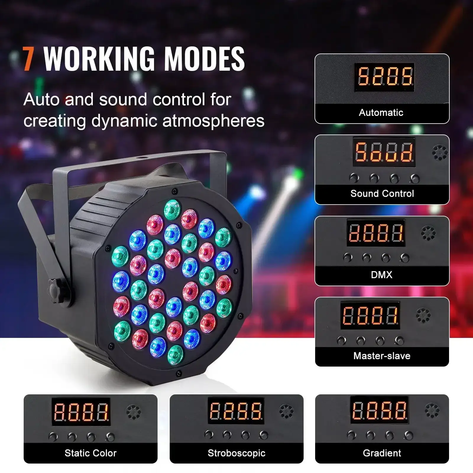 36LED RGB Stage Light PAR Light 7-Mode DMX Beam Disco Light Indoor 4-Pack