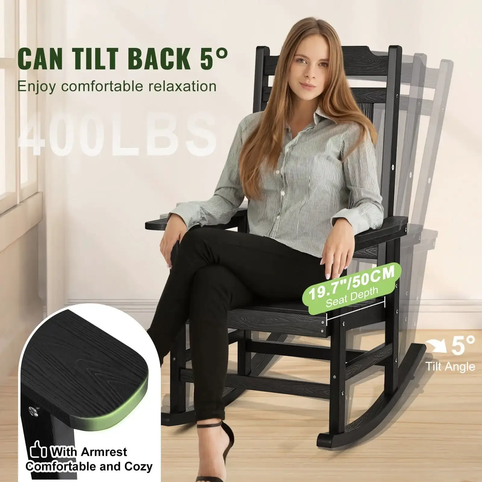 Porch Rocker HIPS Outdoor Rocking Chair High Back 2 pcs 400 lbs Weight