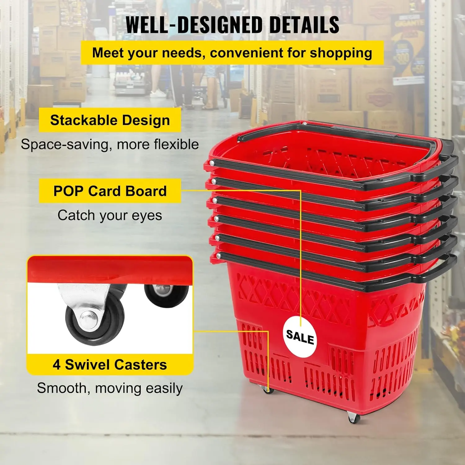 Mophorn 6PCS Shopping Carts, Plastic Rolling Shopping Basket with Wheels