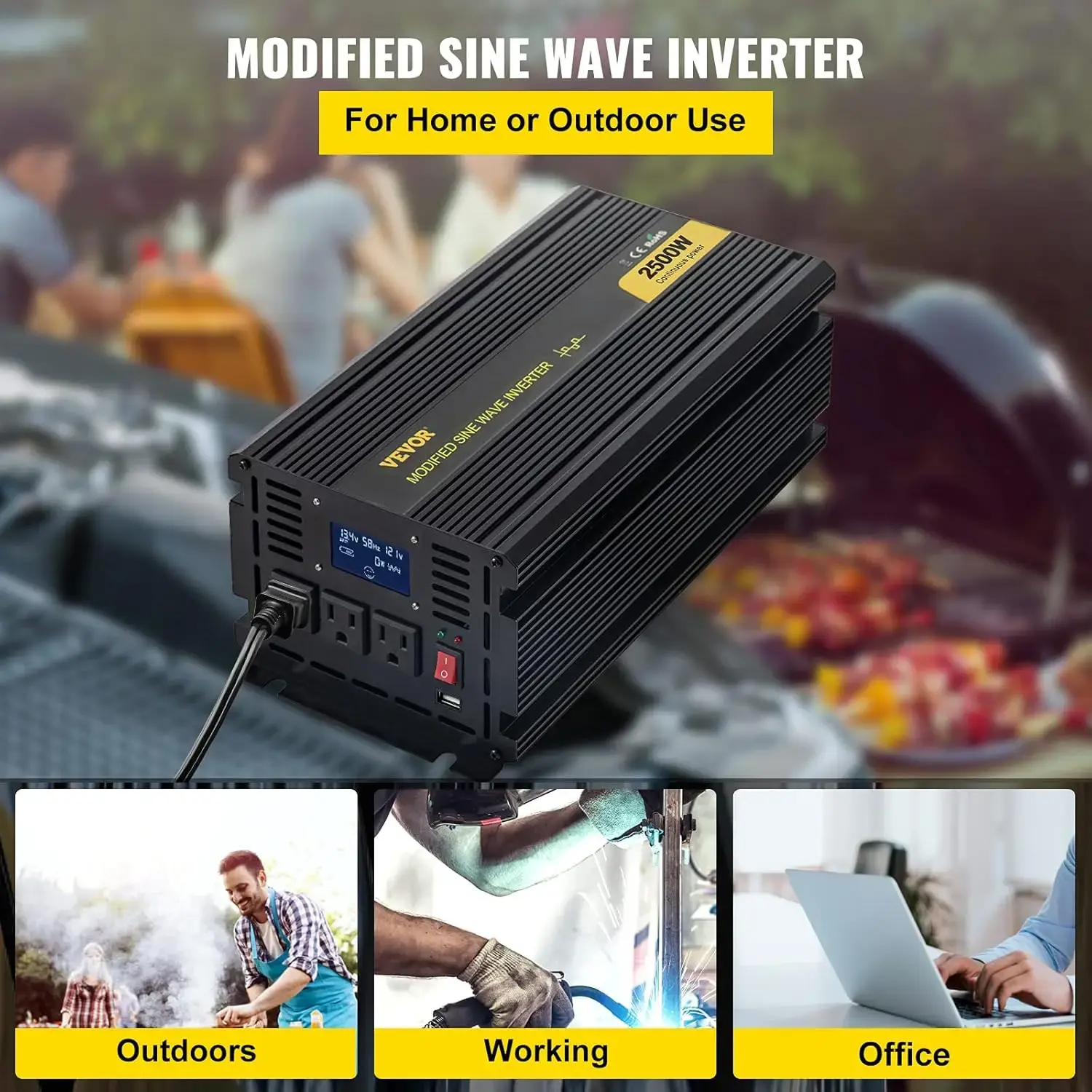 Power Inverter,2500W Modified Sine Wave Inverter DC 12V to AC 120VCar Converter with LCD Display Remote Controller LED Indicator