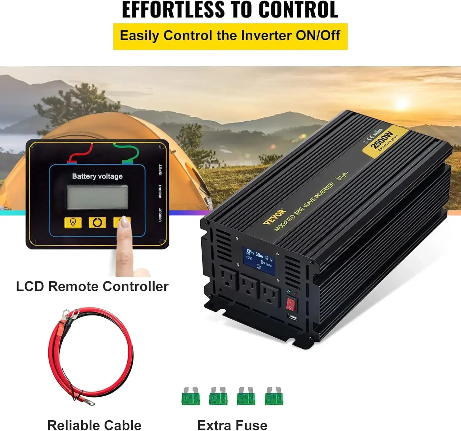 Power Inverter,2500W Modified Sine Wave Inverter DC 12V to AC 120VCar Converter with LCD Display Remote Controller LED Indicator