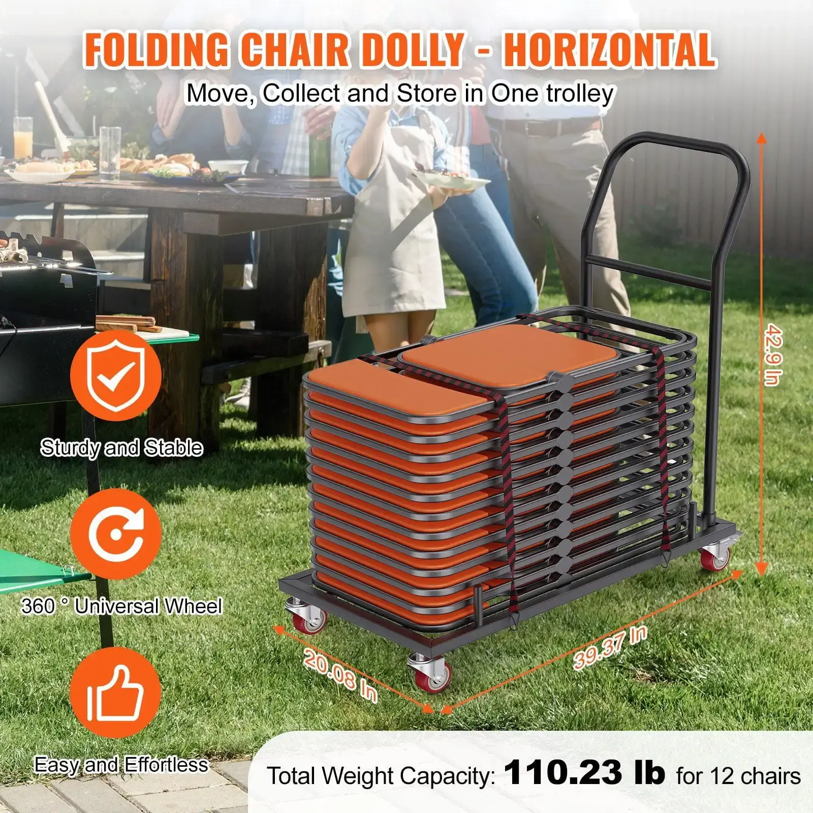 Folding Chair Dolly, Iron Commercial Cart with 12 Chairs Capacity, Folding Chairs Rack Trolley with 4 Casters