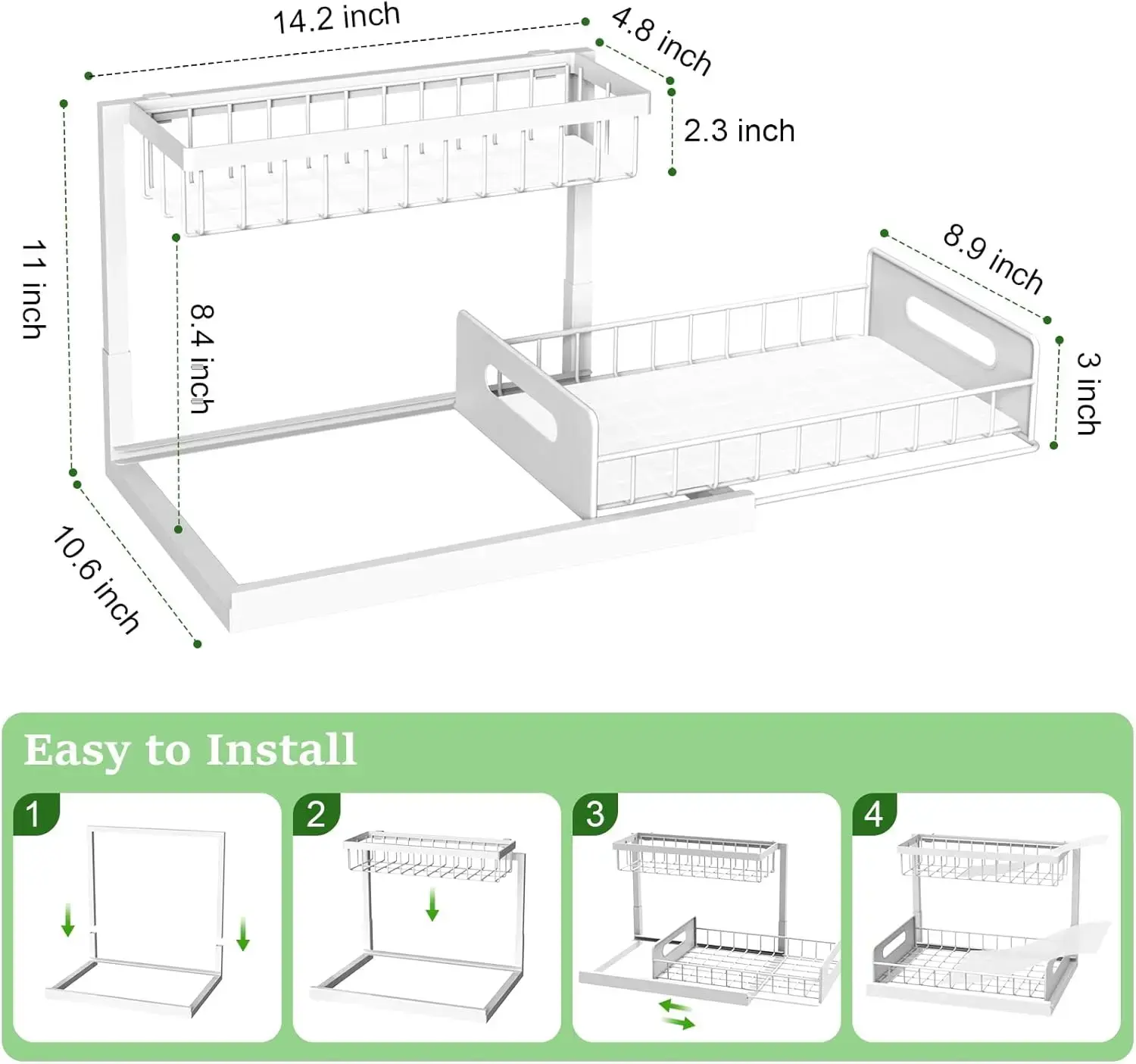 Under Sink Organizer, Pull Out Cabinet Organizer 2 Tier Slide Out Sink Shelf Cabinet Storage Shelves, White, 2 Pack