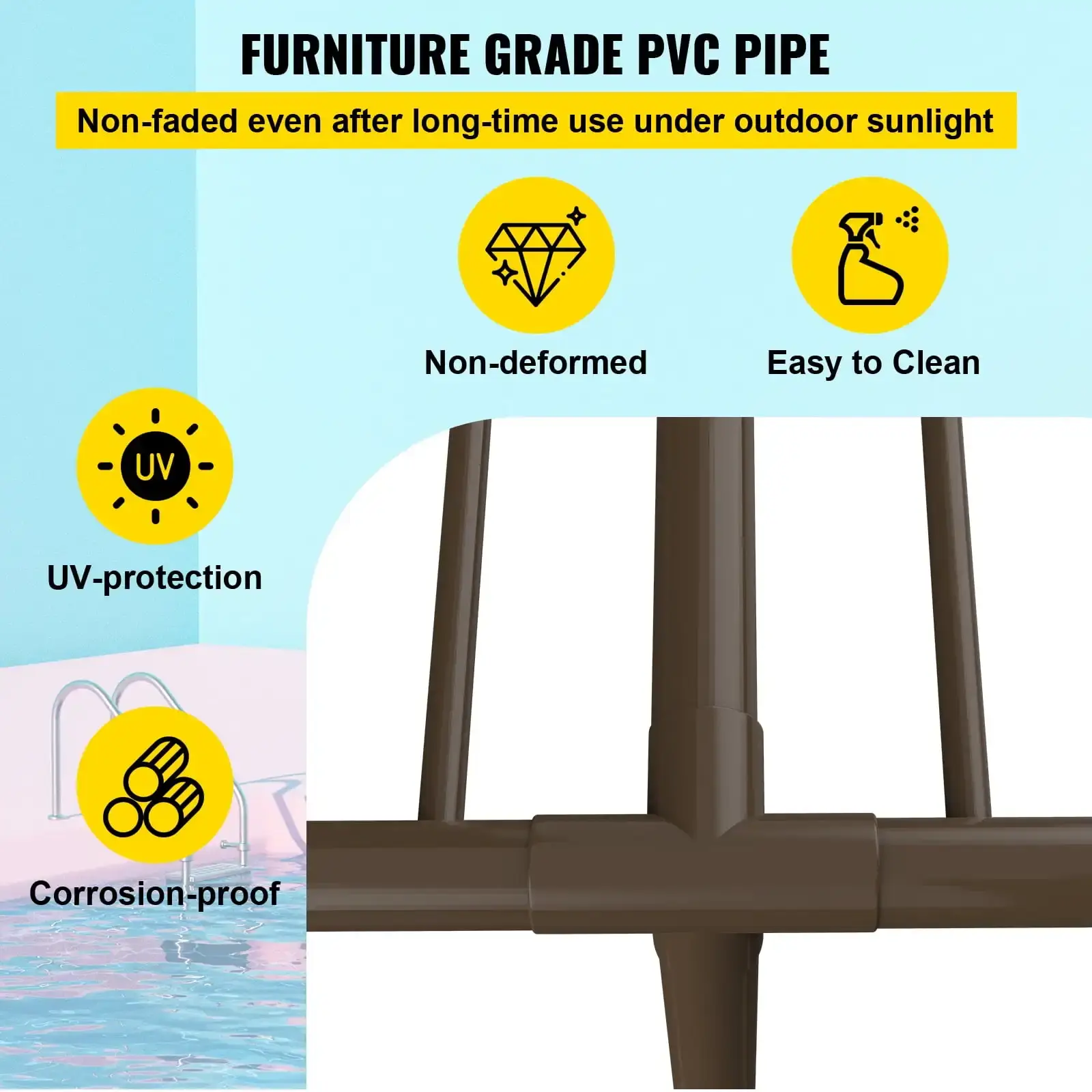 Pool Towel Rack, 5 Bar, Brown, Freestanding Outdoor PVC T-shape Poolside Storage Organizer, Include 8 Towel Clips, Mesh Bag