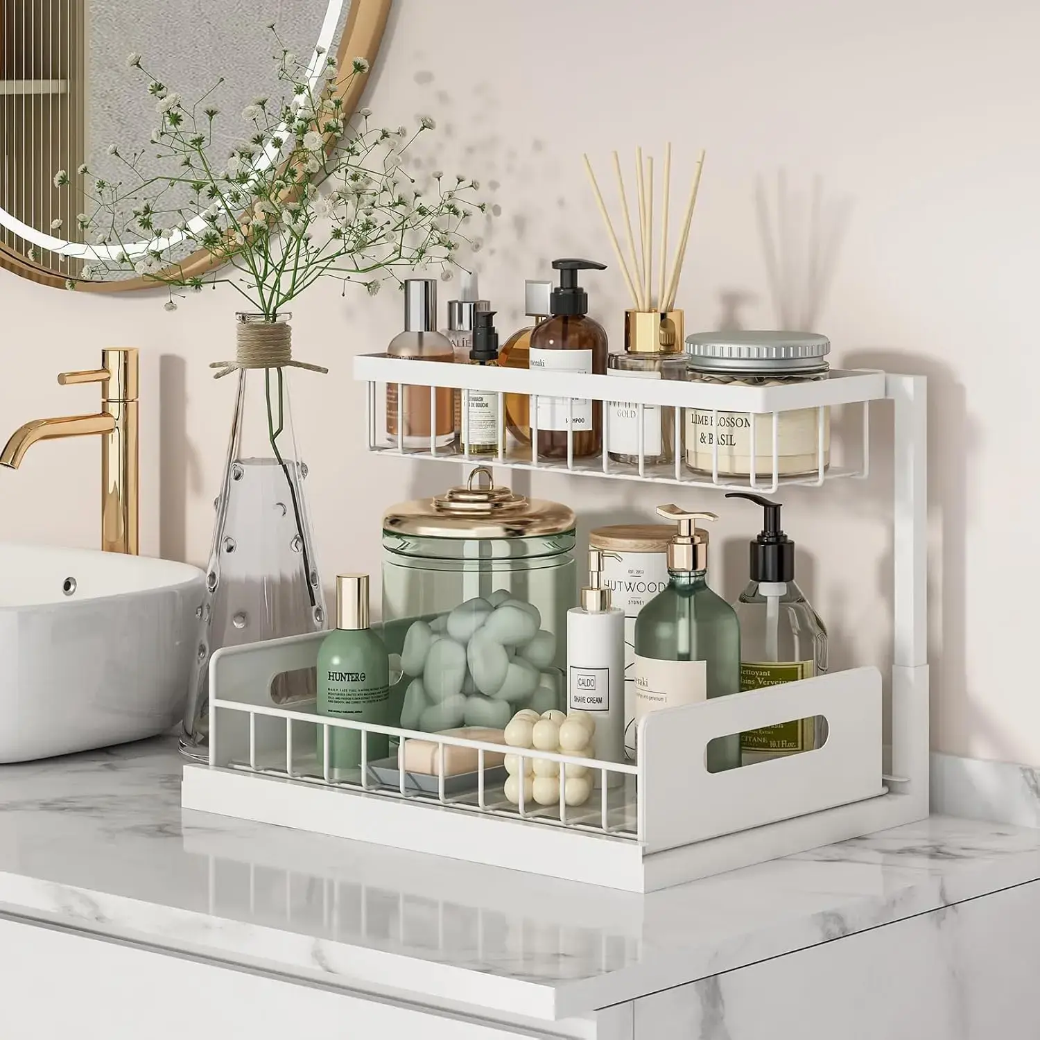 Under Sink Organizer, Pull Out Cabinet Organizer 2 Tier Slide Out Sink Shelf Cabinet Storage Shelves, White, 2 Pack