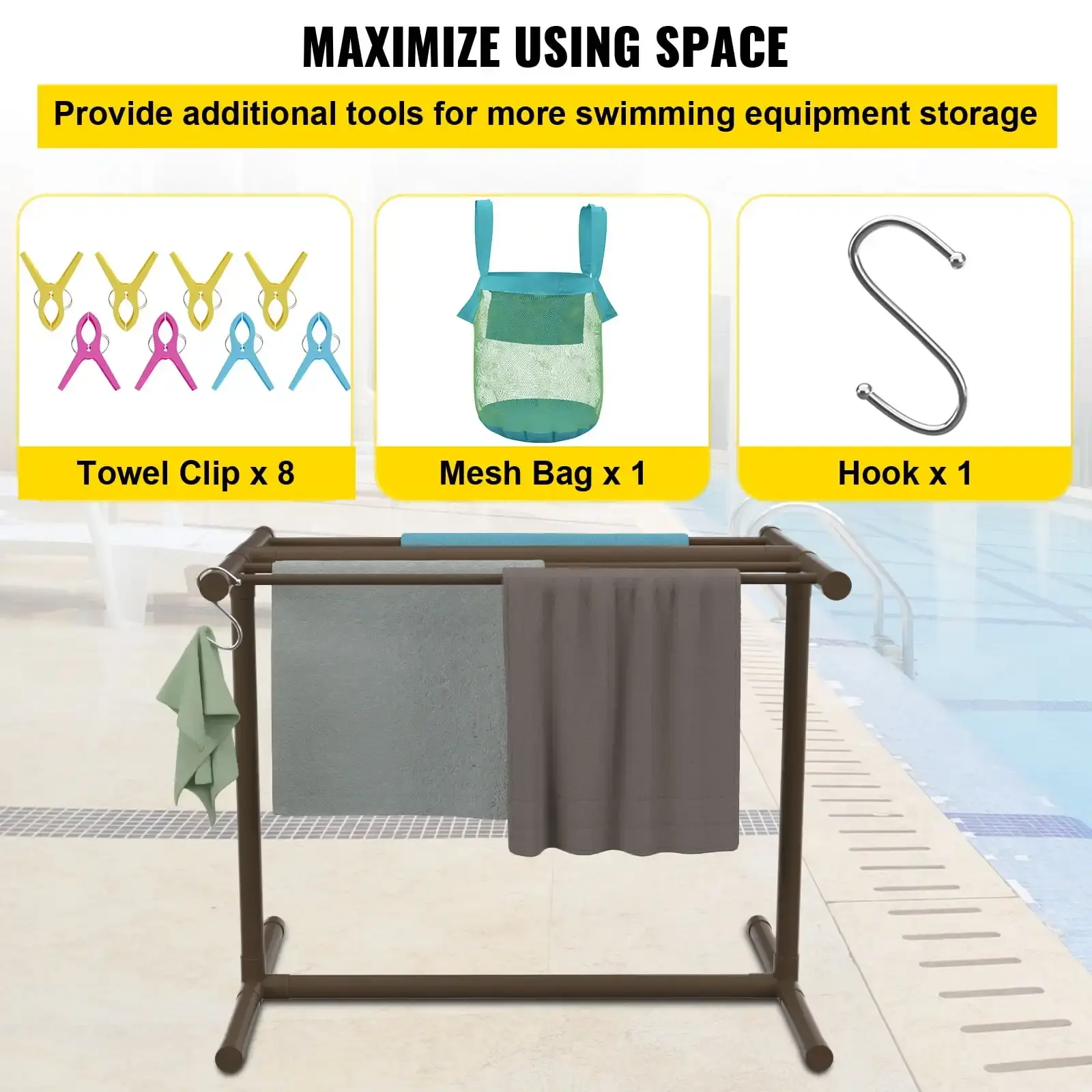 Pool Towel Rack, 5 Bar, Brown, Freestanding Outdoor PVC T-shape Poolside Storage Organizer, Include 8 Towel Clips, Mesh Bag
