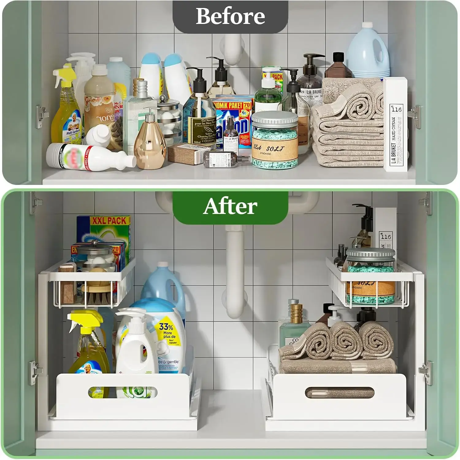 Under Sink Organizer, Pull Out Cabinet Organizer 2 Tier Slide Out Sink Shelf Cabinet Storage Shelves, White, 2 Pack