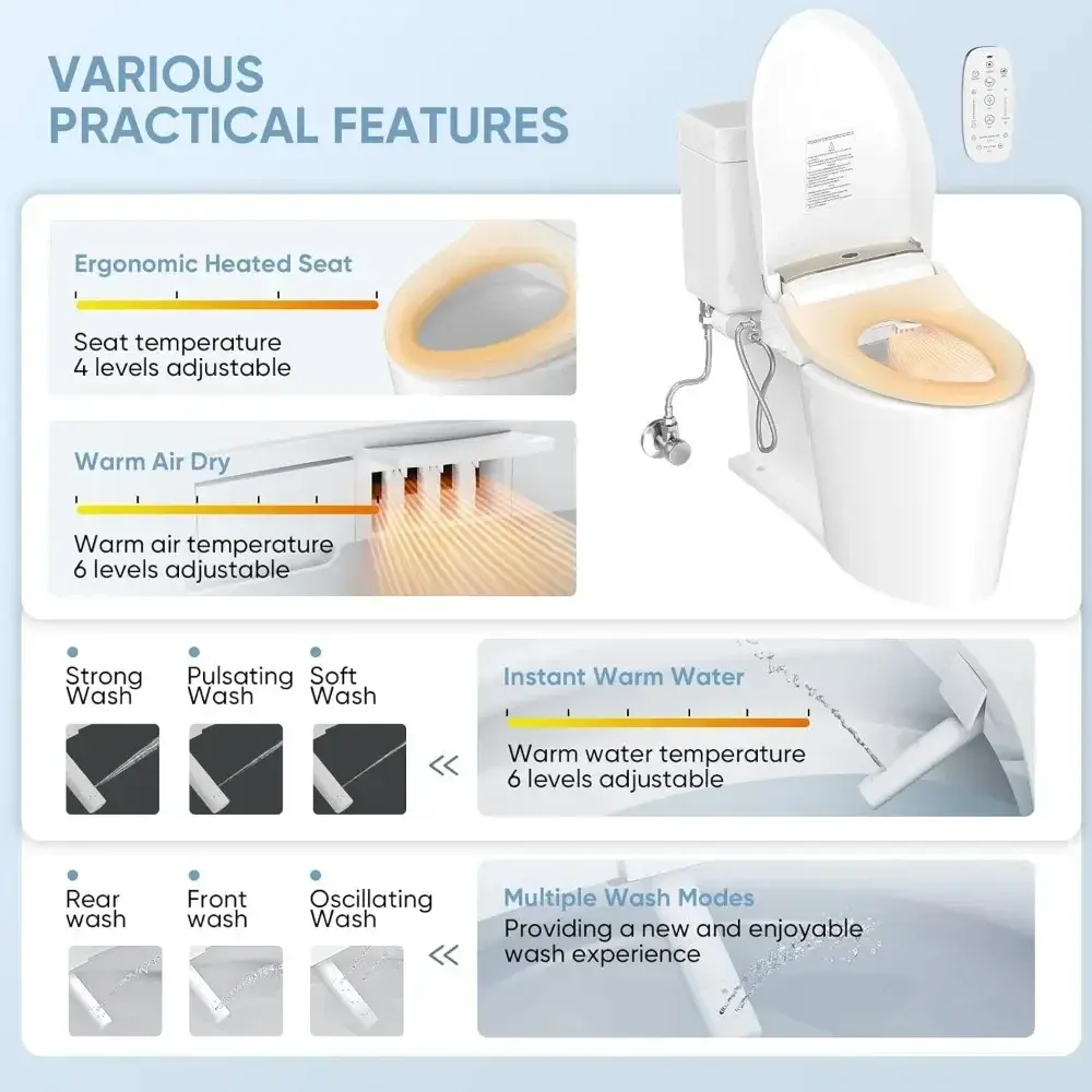 Smart Bidet Toilet Seat with Wireless Remote and Side Panel, Multiple Spray Modes, Adjustable Heated Seat, Warm Water and Air D