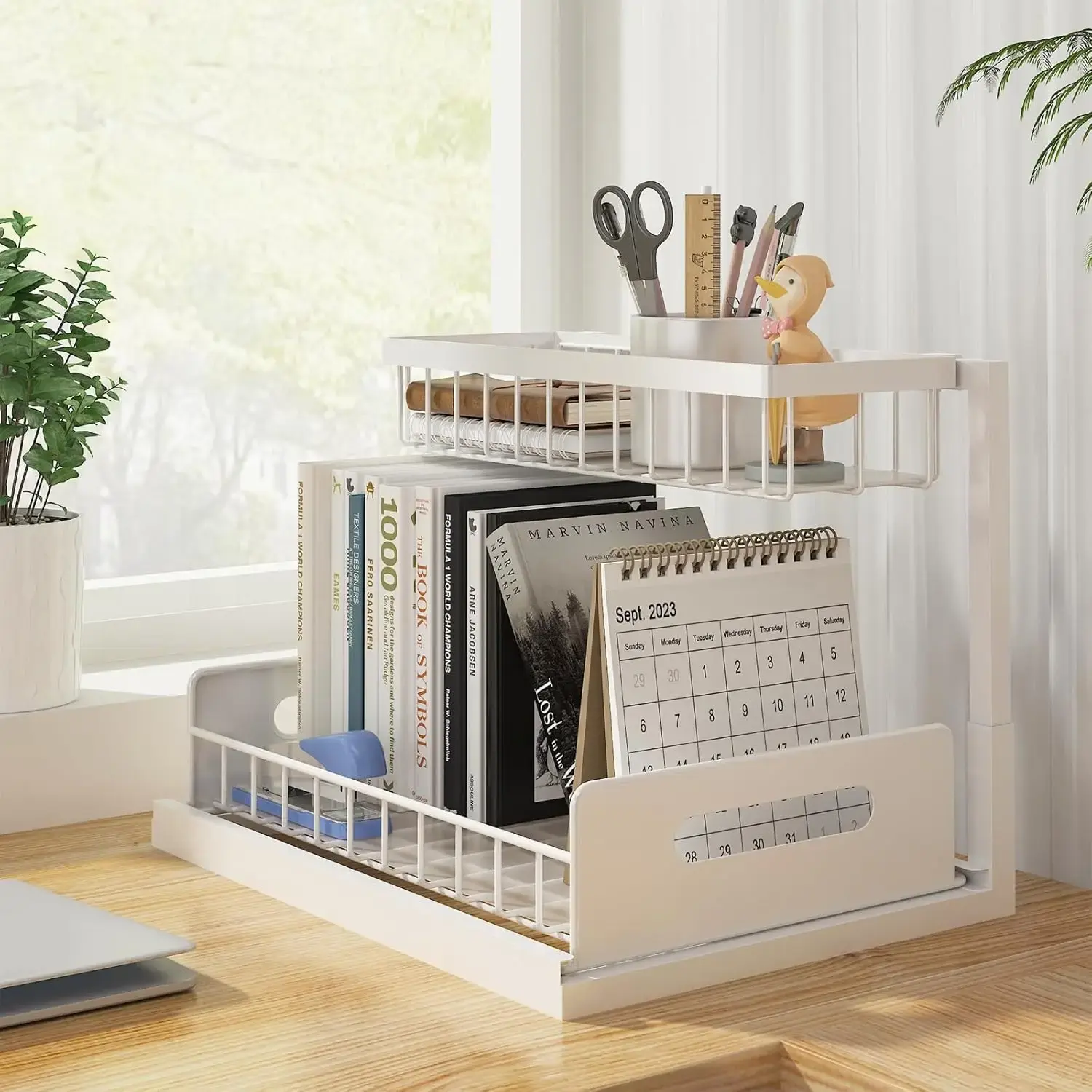 Under Sink Organizer, Pull Out Cabinet Organizer 2 Tier Slide Out Sink Shelf Cabinet Storage Shelves, White, 2 Pack