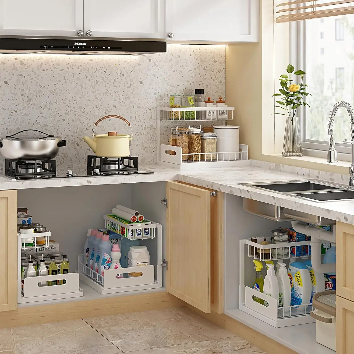 Under Sink Organizer, Pull Out Cabinet Organizer 2 Tier Slide Out Sink Shelf Cabinet Storage Shelves, White, 2 Pack