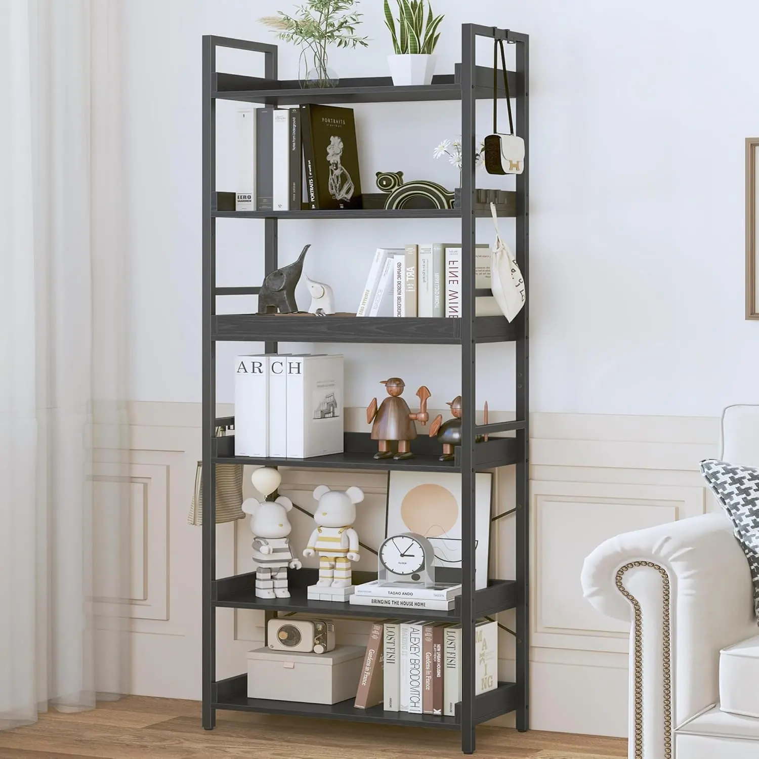 6 Tier Bookshelf, Adjustable Industrial Bookcase, Vertical Tall Book Shelf, Wood and Black Metal Open Bookshelves