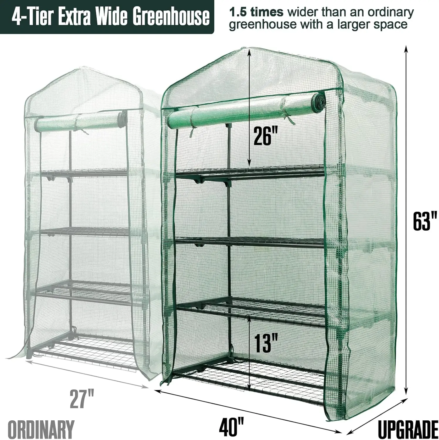 Garden 50% Extra Wide Mini Greenhouse 4 Tier Portable Plant Green House 40inWide -SturdyGardening Shelveswith PECover & Roll-Up