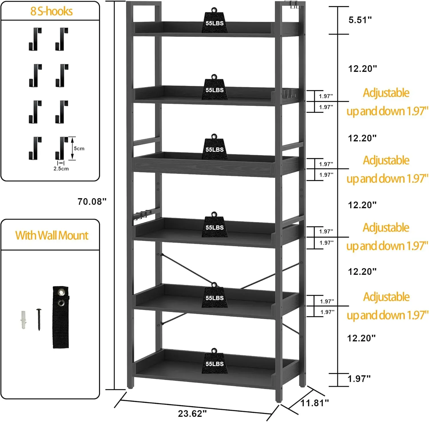 6 Tier Bookshelf, Adjustable Industrial Bookcase, Vertical Tall Book Shelf, Wood and Black Metal Open Bookshelves