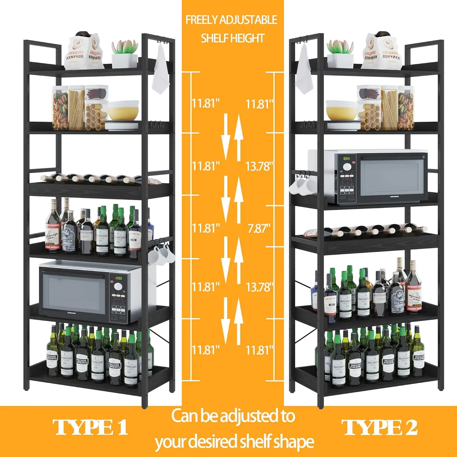 6 Tier Bookshelf, Adjustable Industrial Bookcase, Vertical Tall Book Shelf, Wood and Black Metal Open Bookshelves