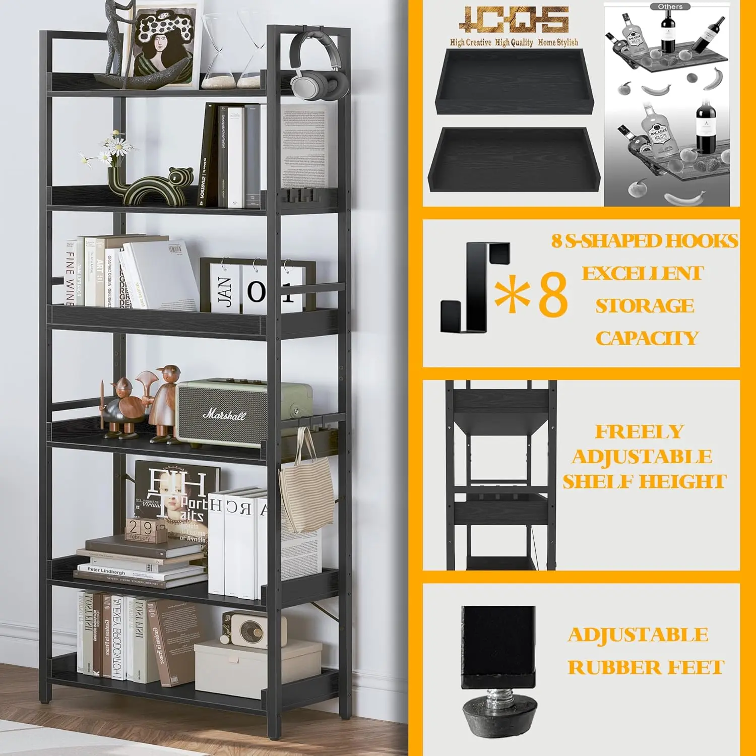 6 Tier Bookshelf, Adjustable Industrial Bookcase, Vertical Tall Book Shelf, Wood and Black Metal Open Bookshelves