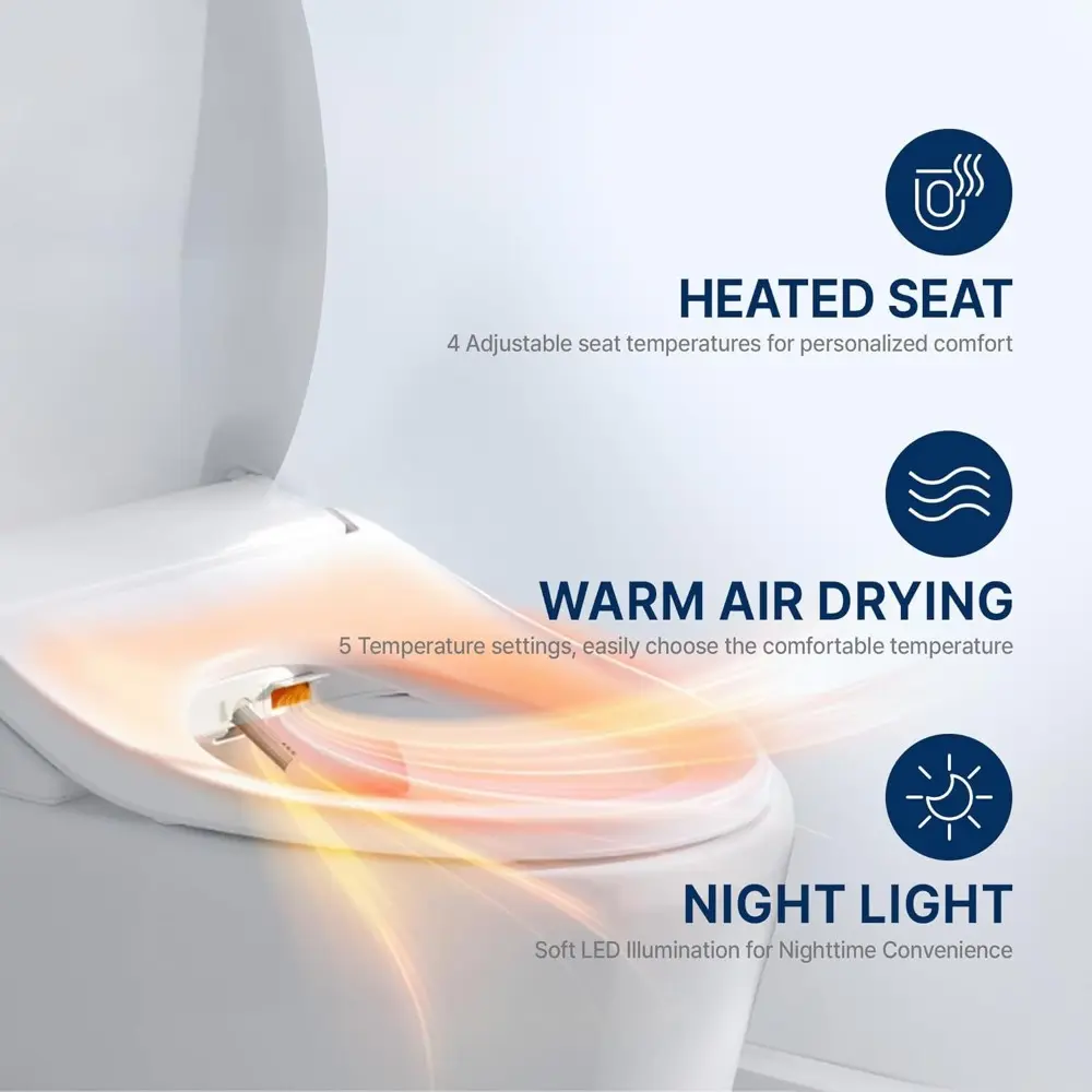 Inus N32 Electric Heated Bidet Toilet Seat Elongated, Warm Water, Smart Heated Water Luxury Bidet Toilet Seat with Night Light,