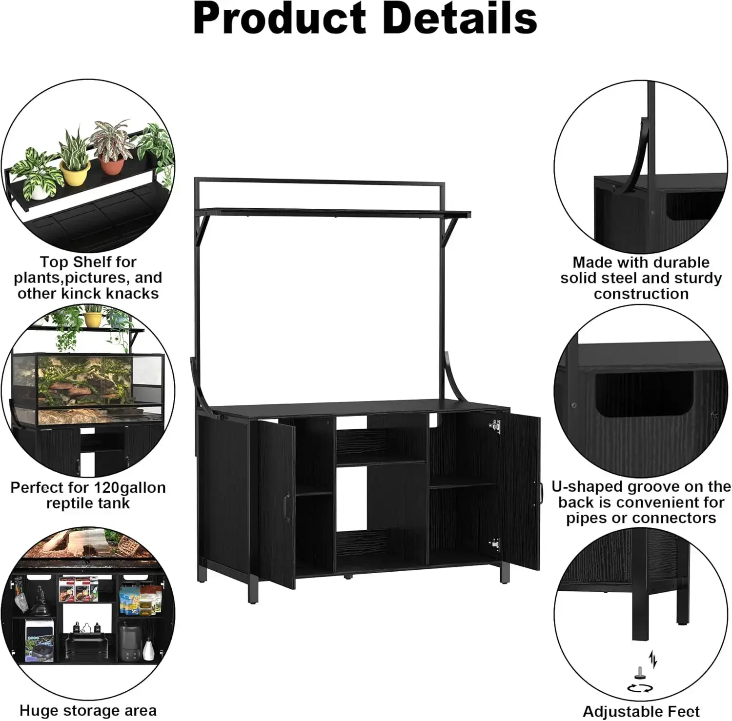 Reptile Tank Stand Terrarium Stand with Cabinet for Accessories Storage 48" X 24" Tabletop Fits up to 120 Gallon Bearded Dragon