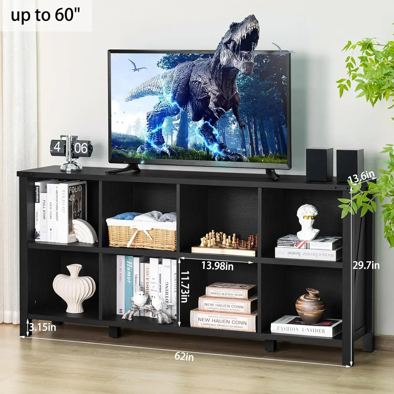 8 Cube Book Shelf, Farmhouse Wood Long Storage Organizer Bookcase, 62" Horizontal Black Console Closet Bookshelf
