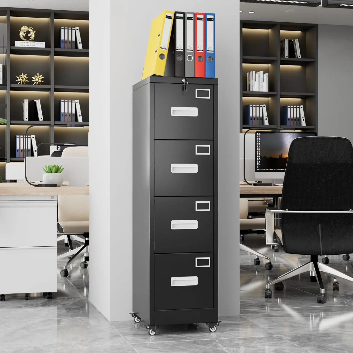 File Cabinet 4 Drawer with Wheels, Lockable Office Metal Filing Cabinet with Name Card for Office and Home,Assembly Required