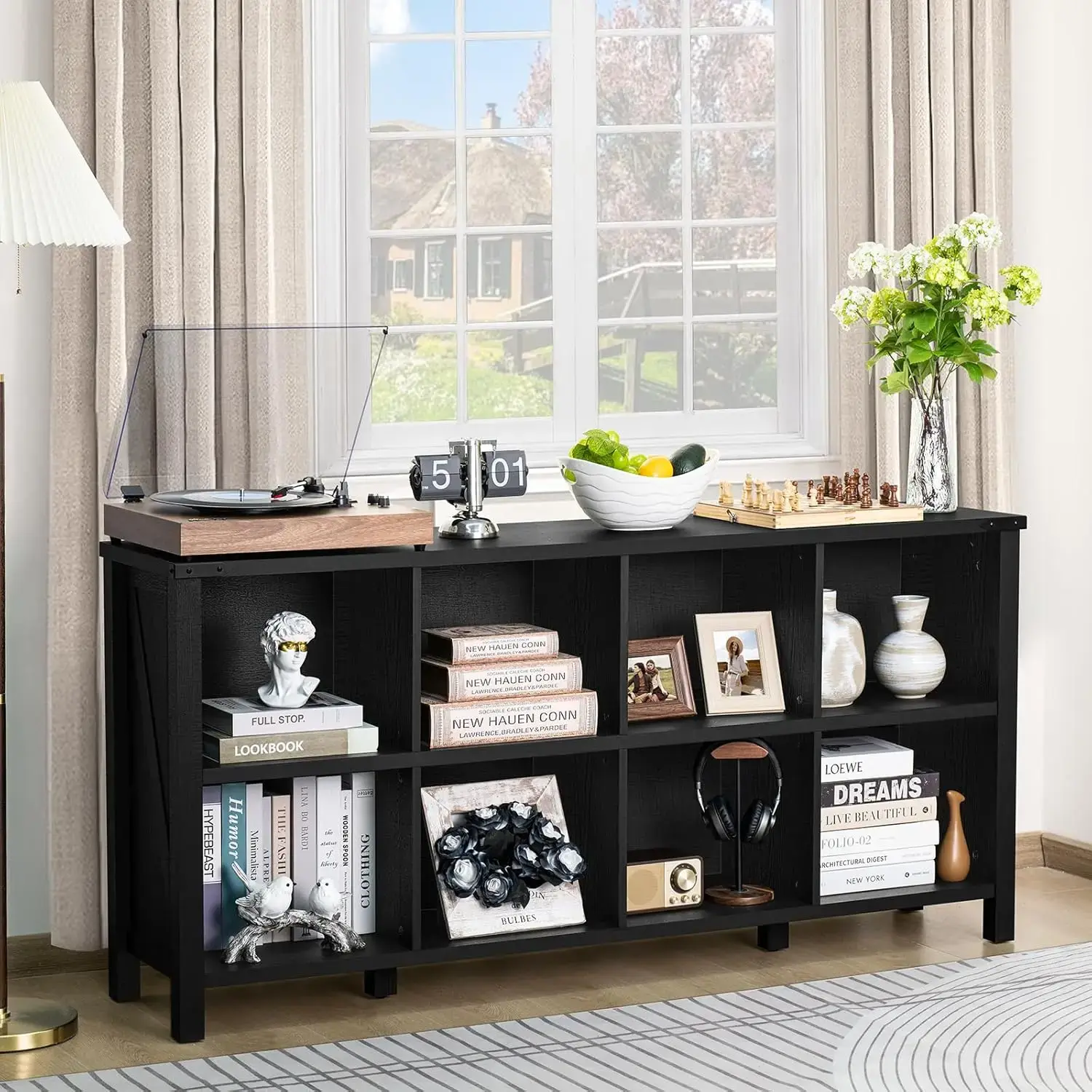 8 Cube Book Shelf, Farmhouse Wood Long Storage Organizer Bookcase, 62" Horizontal Black Console Closet Bookshelf