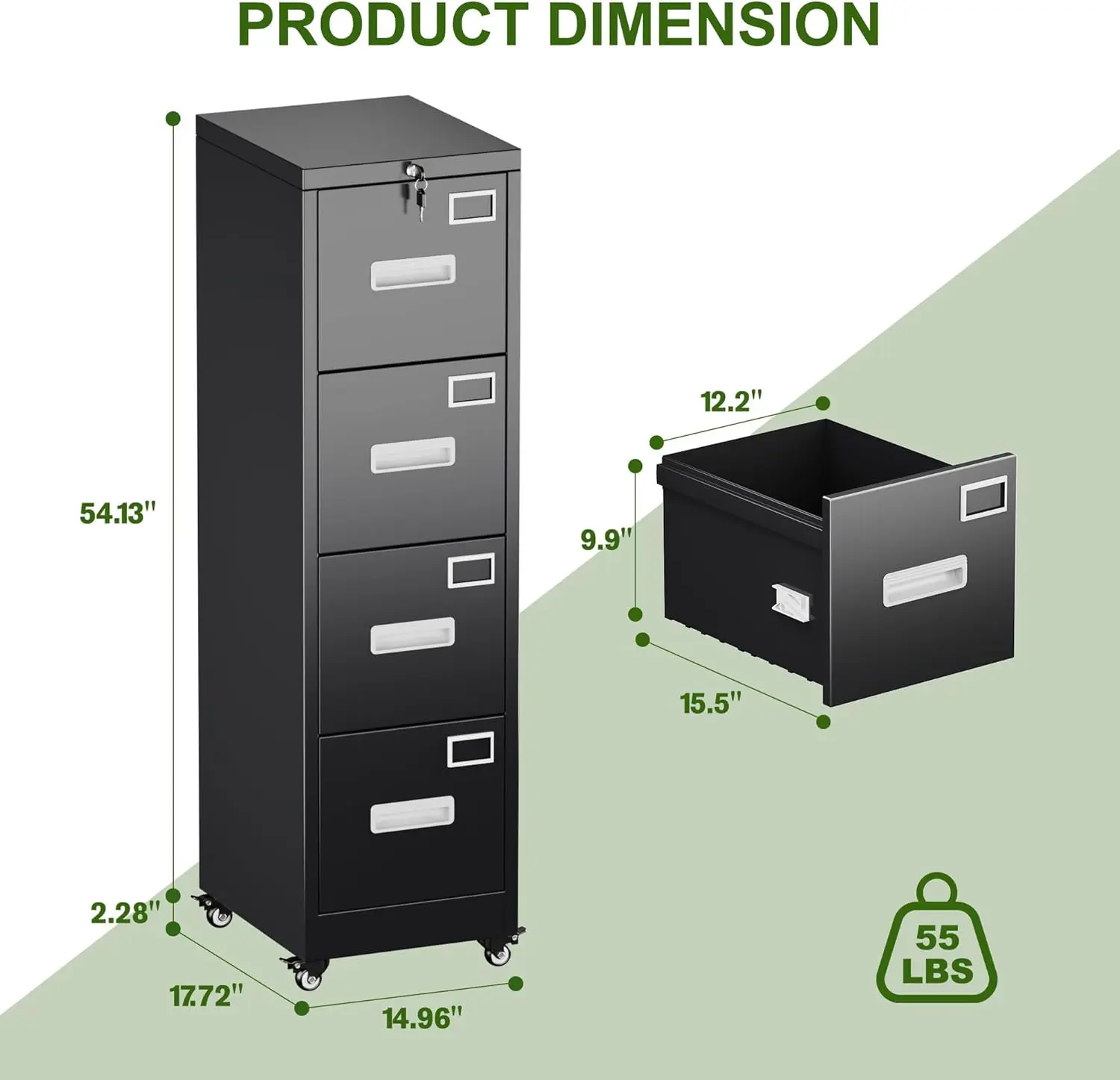 File Cabinet 4 Drawer with Wheels, Lockable Office Metal Filing Cabinet with Name Card for Office and Home,Assembly Required