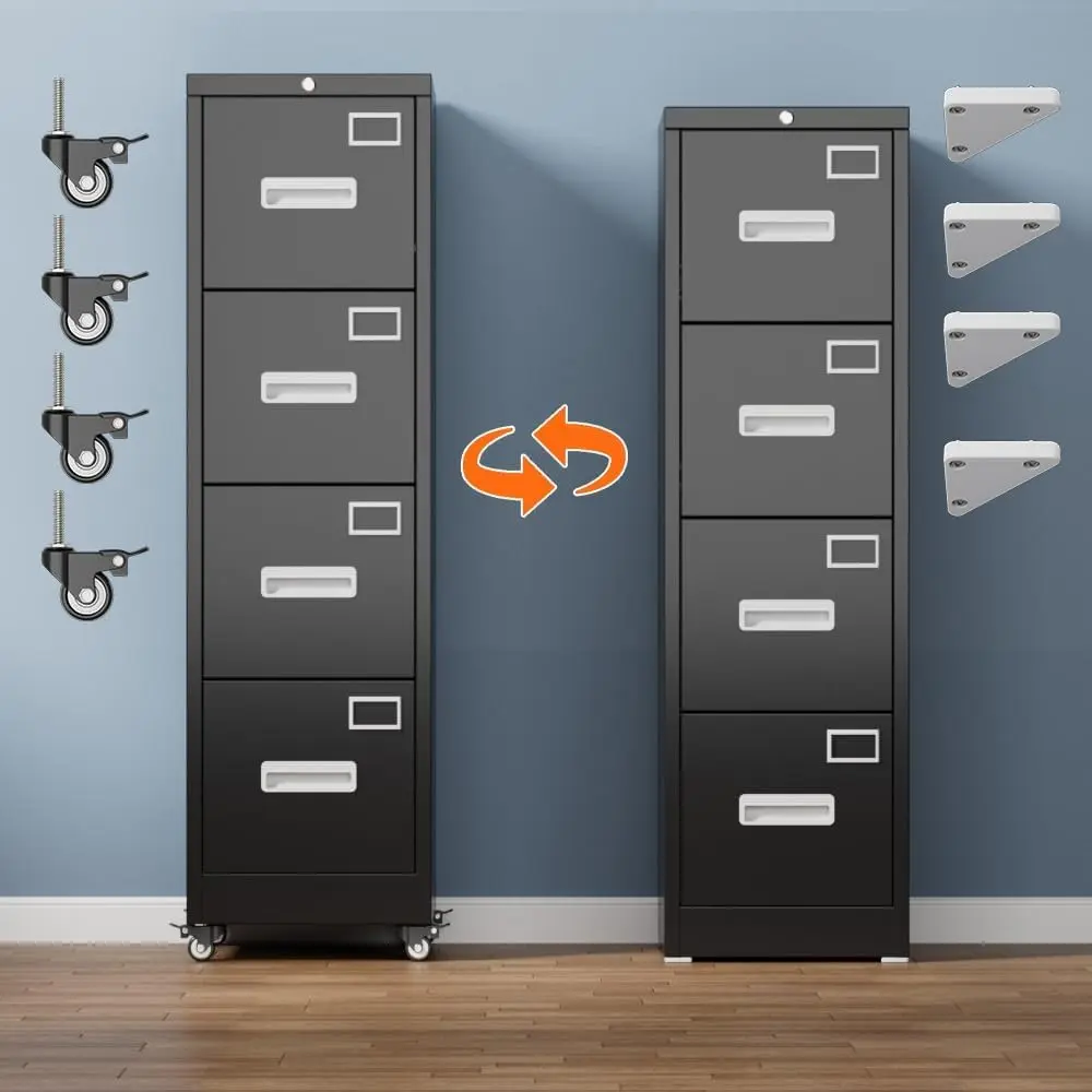 File Cabinet 4 Drawer with Wheels, Lockable Office Metal Filing Cabinet with Name Card for Office and Home,Assembly Required