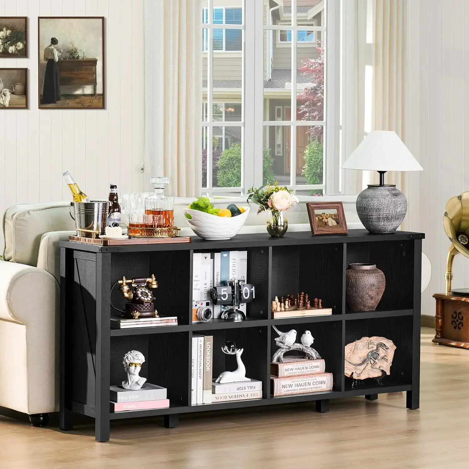 8 Cube Book Shelf, Farmhouse Wood Long Storage Organizer Bookcase, 62" Horizontal Black Console Closet Bookshelf