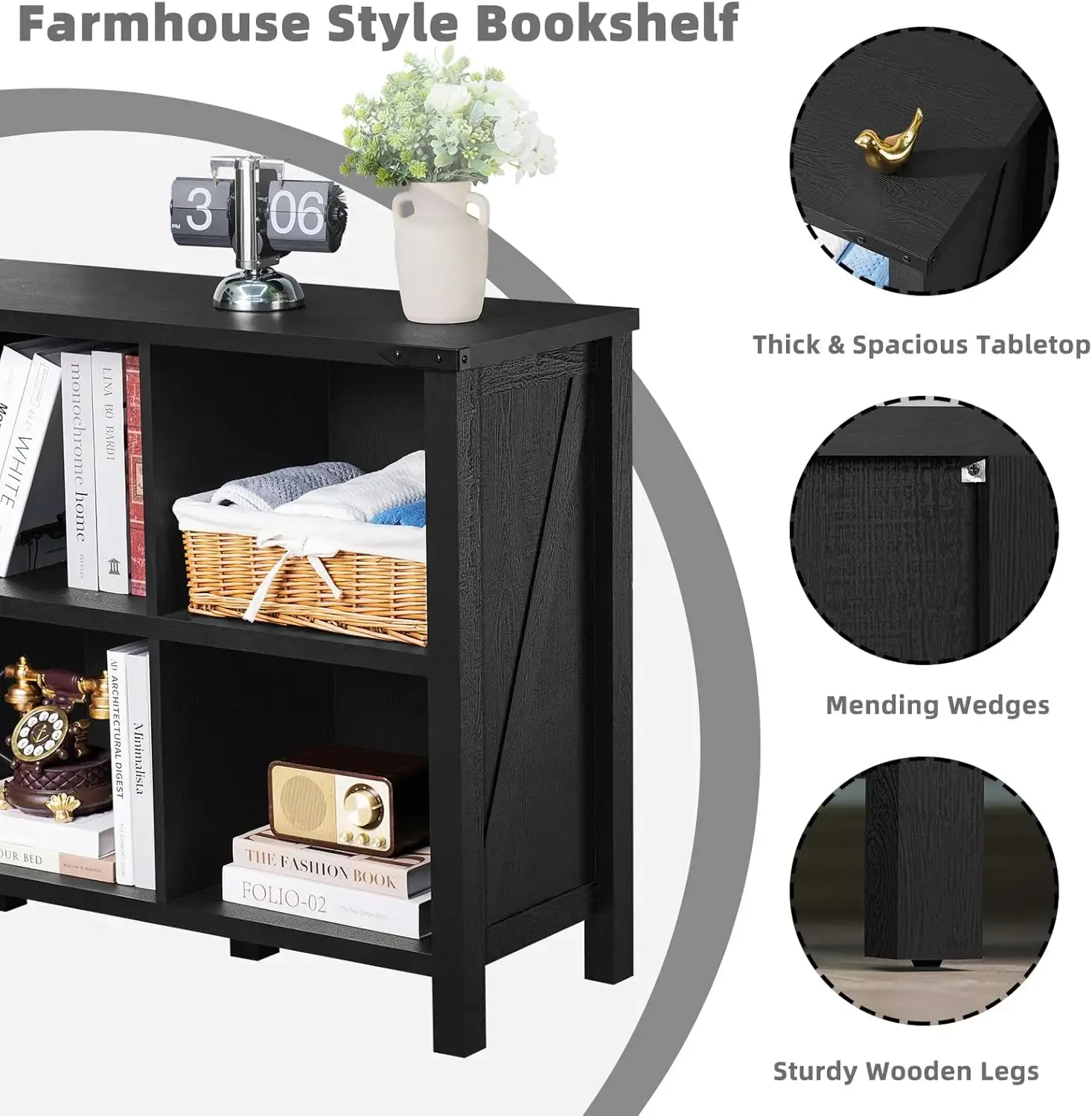 8 Cube Book Shelf, Farmhouse Wood Long Storage Organizer Bookcase, 62" Horizontal Black Console Closet Bookshelf