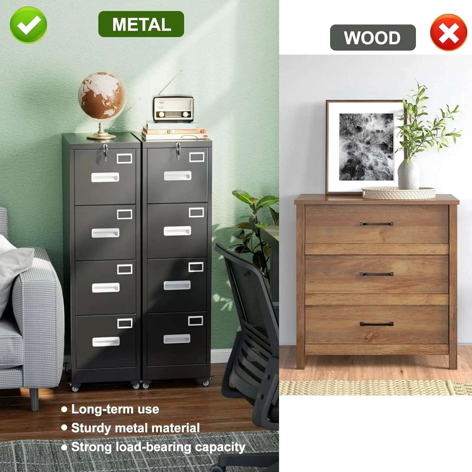File Cabinet 4 Drawer with Wheels, Lockable Office Metal Filing Cabinet with Name Card for Office and Home,Assembly Required