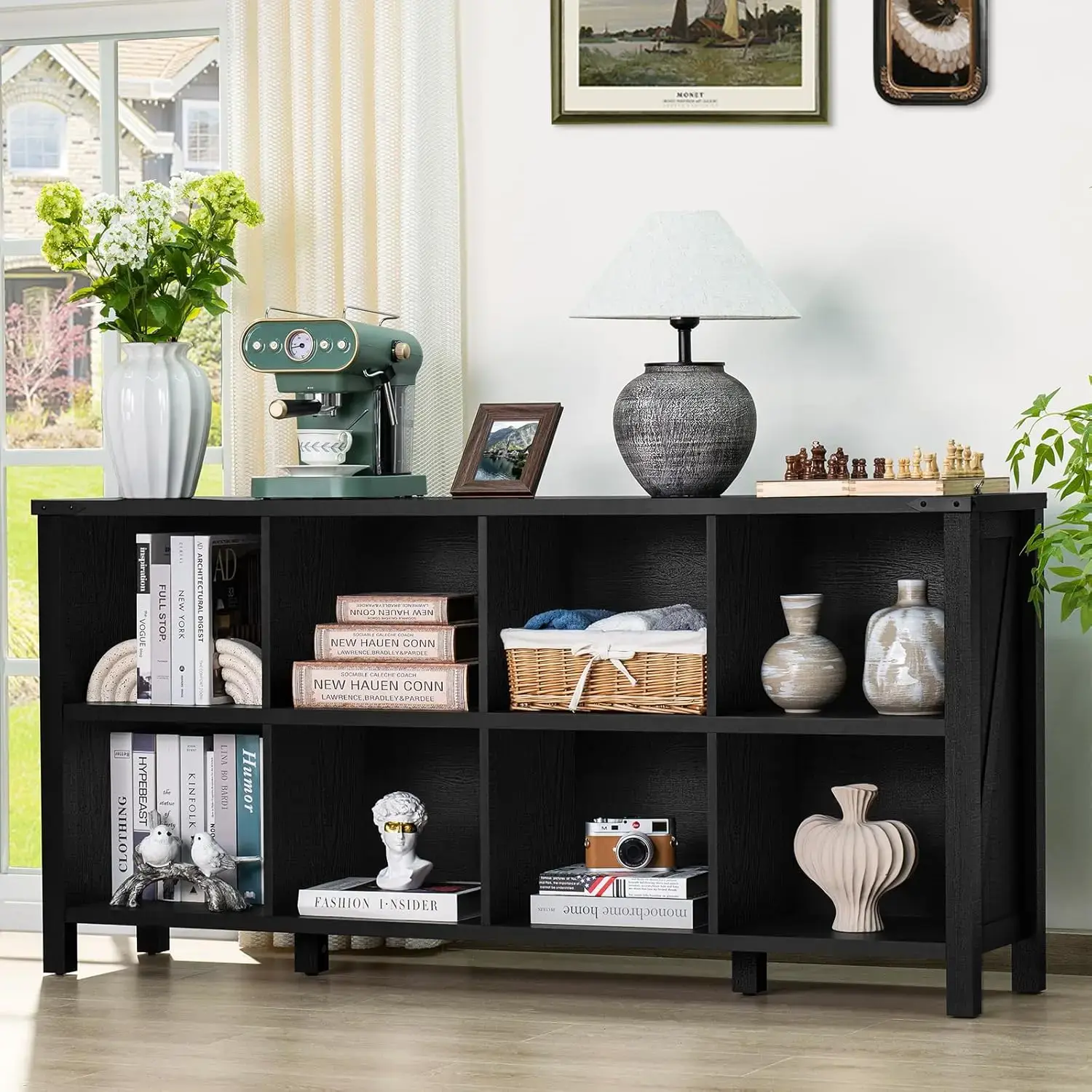 8 Cube Book Shelf, Farmhouse Wood Long Storage Organizer Bookcase, 62" Horizontal Black Console Closet Bookshelf