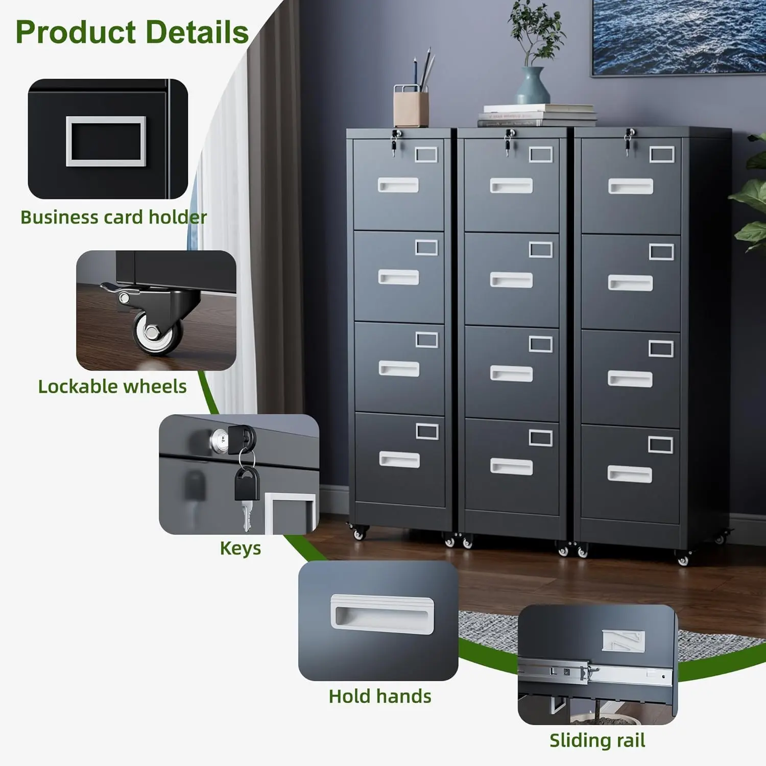 File Cabinet 4 Drawer with Wheels, Lockable Office Metal Filing Cabinet with Name Card for Office and Home,Assembly Required