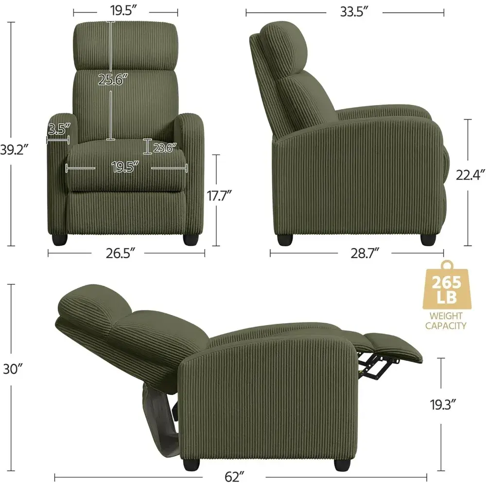 Corduroy Recliner Chair Single Sofa Home Theater Seating Adjustable Modern Reclining Chair for Living Room Bedroom Home Theater