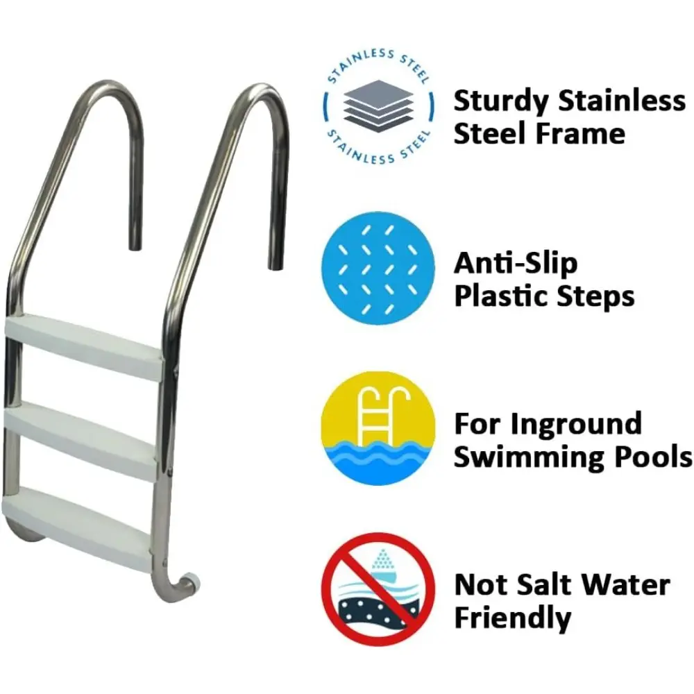 3 Step Stainless Steel Pool Ladder with Non-Slip Plastic White Steps | Entry and Exit System for In-Ground Swimming Pools | 250