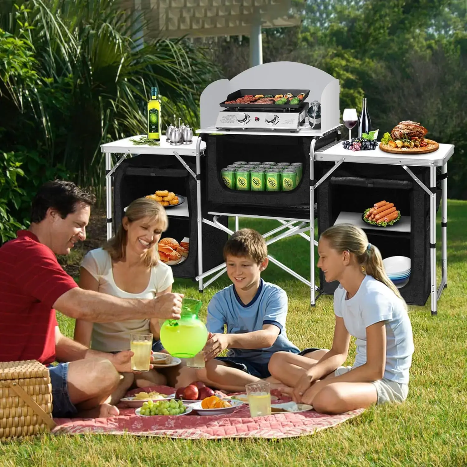 Camping Kitchen Table, Aluminum Portable Outdoor Cooking Table Foldable Camp Table with Windscreen and 3 Storage Cupboards