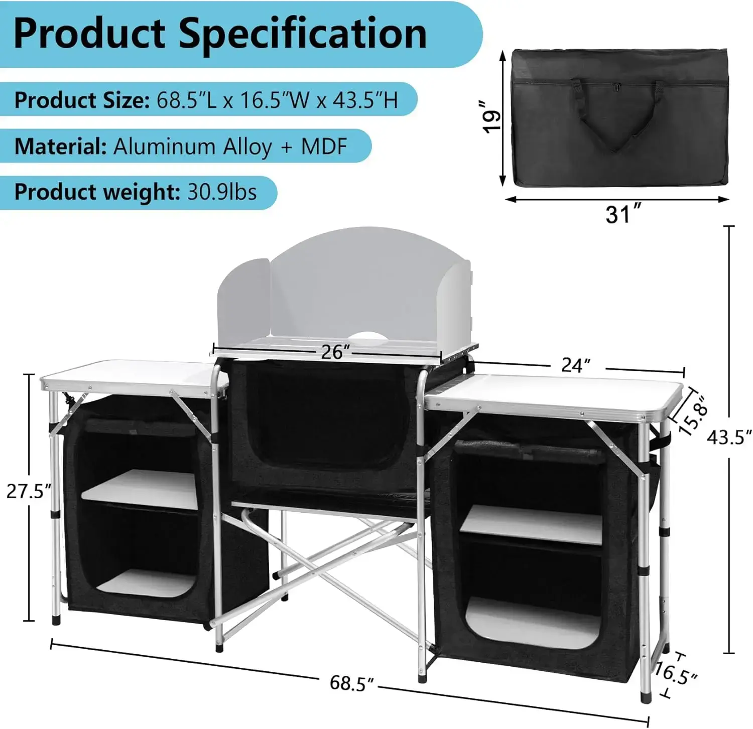 Camping Kitchen Table, Aluminum Portable Outdoor Cooking Table Foldable Camp Table with Windscreen and 3 Storage Cupboards