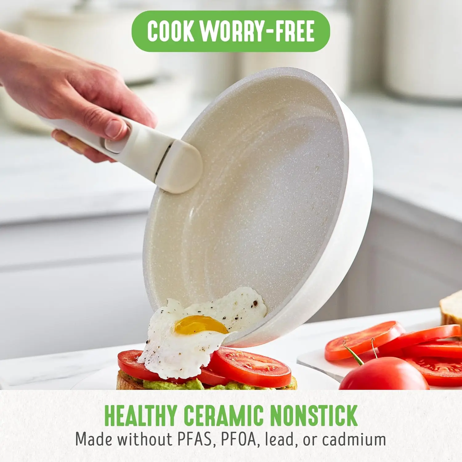 Click 10-Piece Ceramic Nonstick Cookware Set, Detachable Handle, Stackable Space Saving，Glass Lid, Speckled Cream