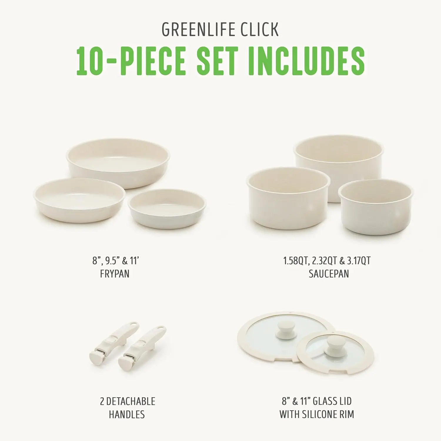 Click 10-Piece Ceramic Nonstick Cookware Set, Detachable Handle, Stackable Space Saving，Glass Lid, Speckled Cream