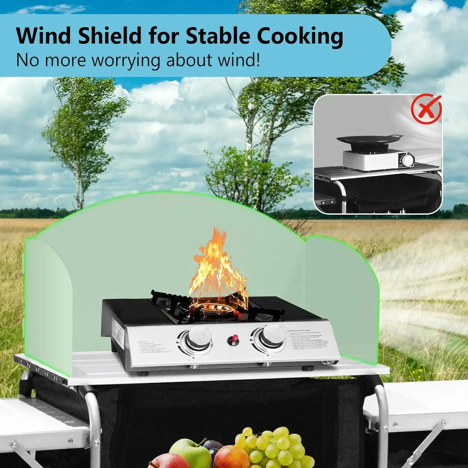 Camping Kitchen Table, Aluminum Portable Outdoor Cooking Table Foldable Camp Table with Windscreen and 3 Storage Cupboards