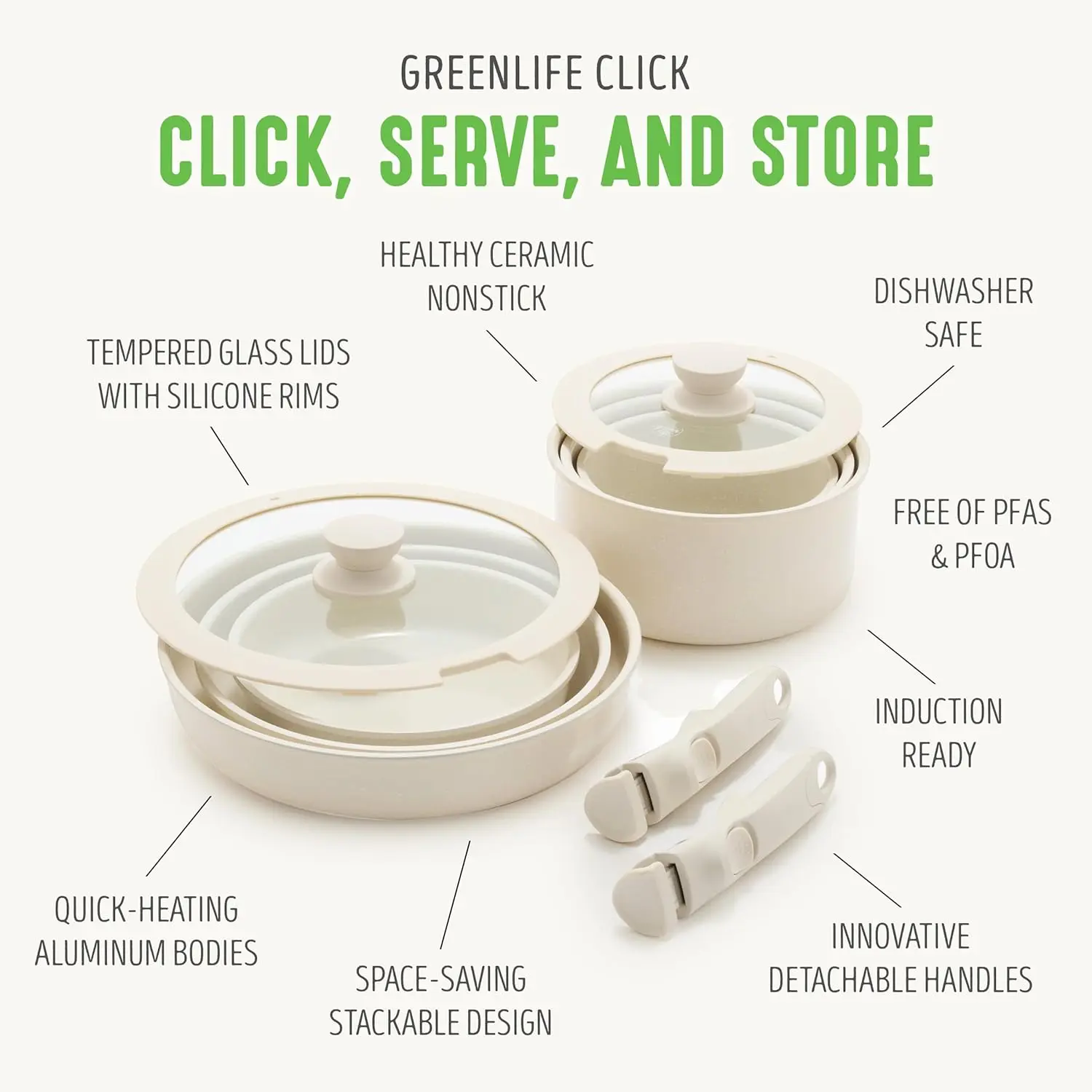 Click 10-Piece Ceramic Nonstick Cookware Set, Detachable Handle, Stackable Space Saving，Glass Lid, Speckled Cream