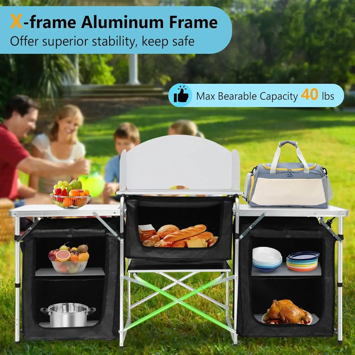 Camping Kitchen Table, Aluminum Portable Outdoor Cooking Table Foldable Camp Table with Windscreen and 3 Storage Cupboards