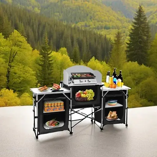 Camping Kitchen Table, Aluminum Portable Outdoor Cooking Table Foldable Camp Table with Windscreen and 3 Storage Cupboards