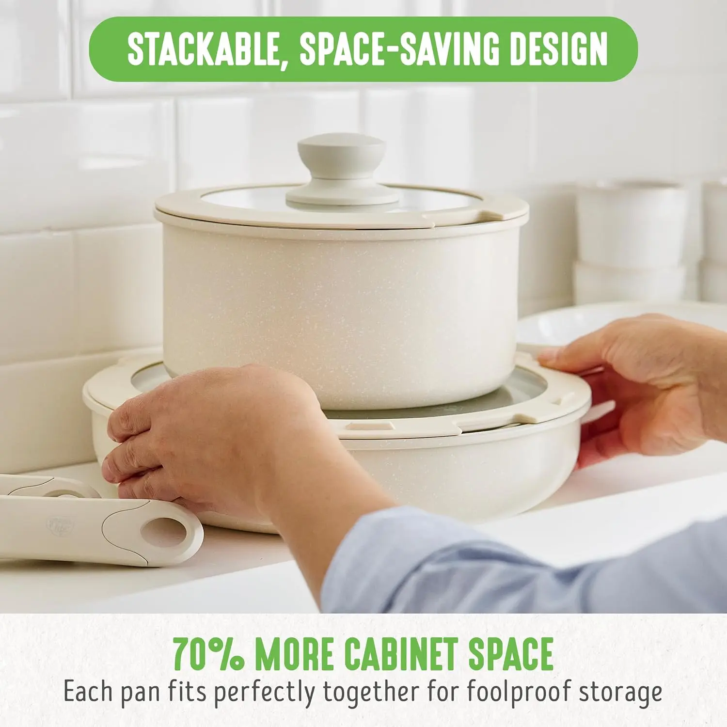 Click 10-Piece Ceramic Nonstick Cookware Set, Detachable Handle, Stackable Space Saving，Glass Lid, Speckled Cream
