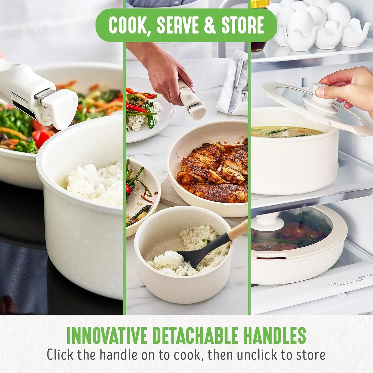 Click 10-Piece Ceramic Nonstick Cookware Set, Detachable Handle, Stackable Space Saving，Glass Lid, Speckled Cream