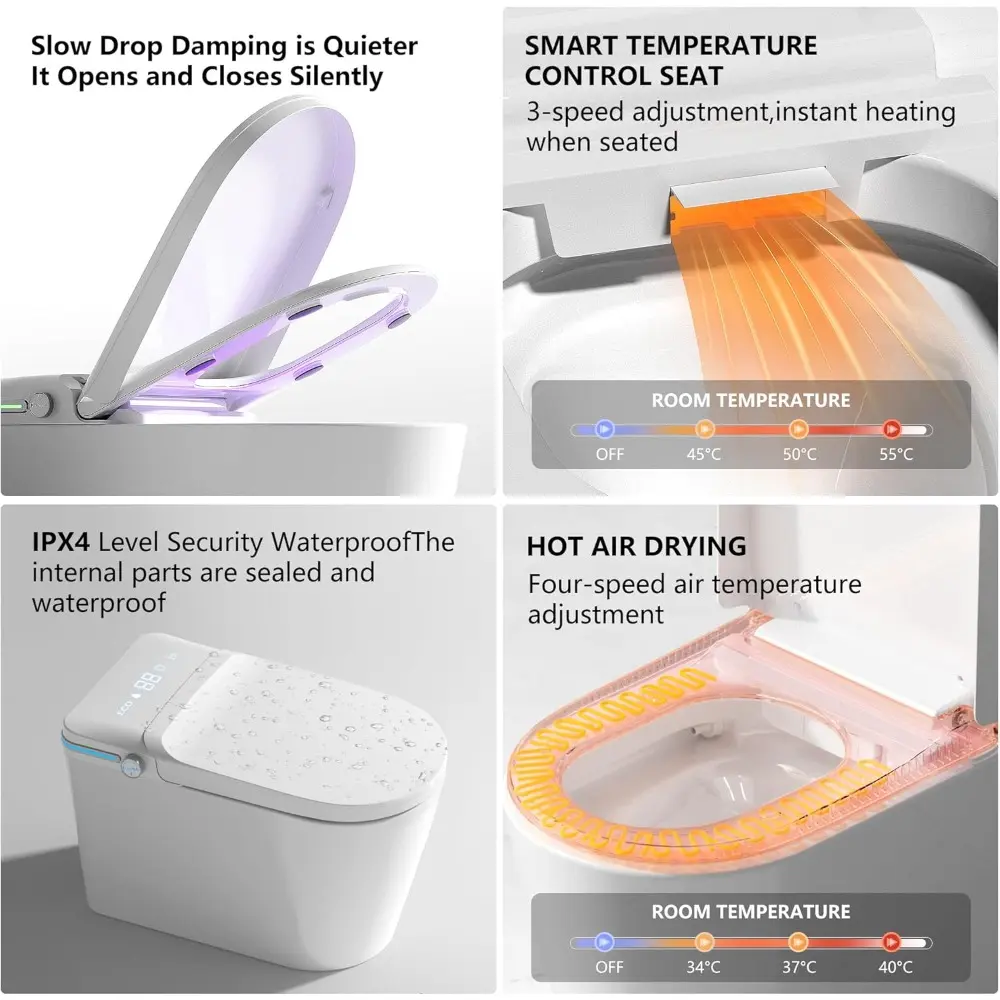 Luxury Smart Toilet with Bidet Built In, Bidet with Heated Seat,Warm Water Sprayer & Dryer, Japanese Toilet with Foot Sensor Ope
