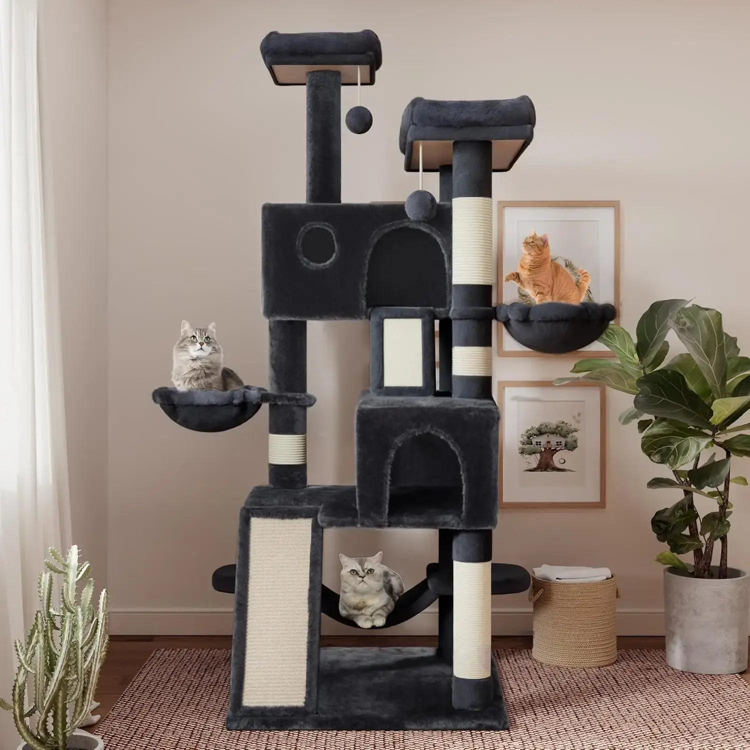 65in Larger Cat Tree Tower Condo for Indoor Kitties/Multi-Level Furniture Activity Center with Wide Base/Cozy Plush Cat Perches/