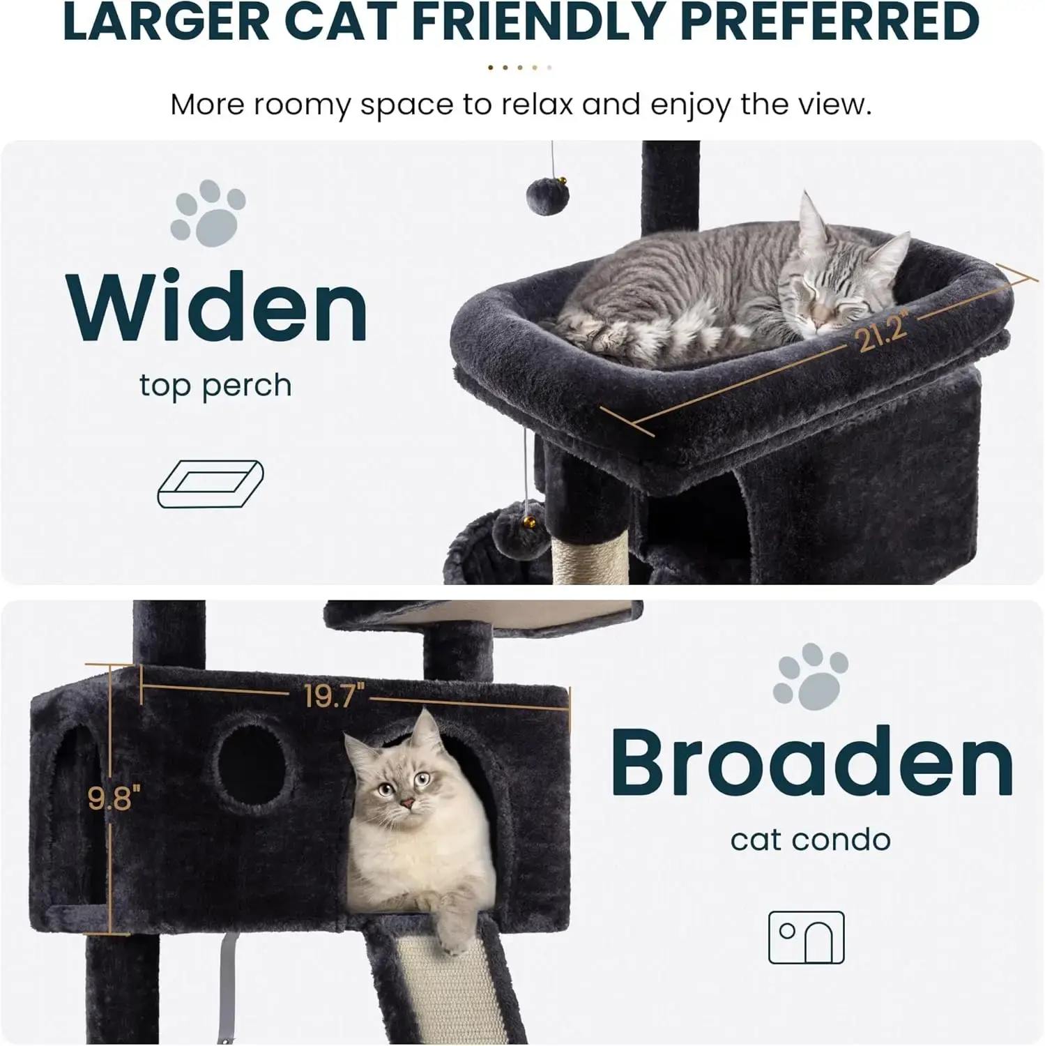 65in Larger Cat Tree Tower Condo for Indoor Kitties/Multi-Level Furniture Activity Center with Wide Base/Cozy Plush Cat Perches/