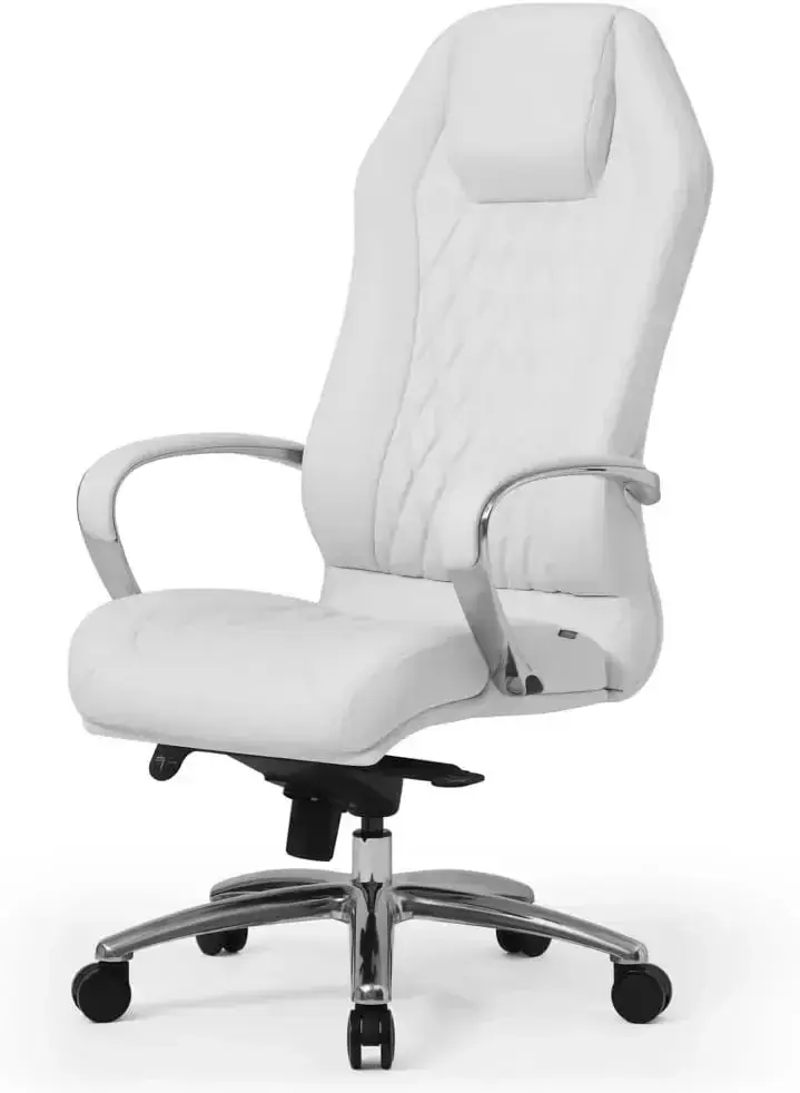 Furniture Modern Ergonomic Sterling Genuine Leather Executive Chair with Aluminum Base - White