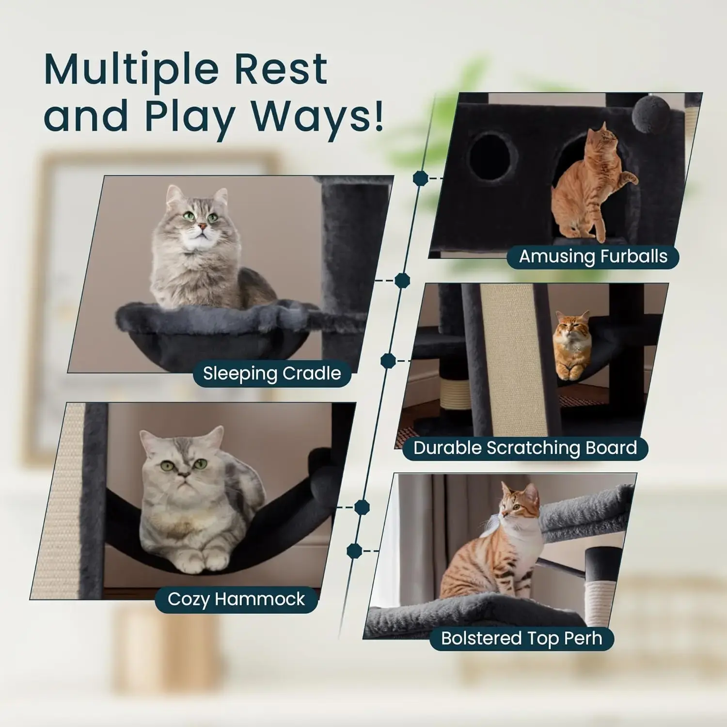 65in Larger Cat Tree Tower Condo for Indoor Kitties/Multi-Level Furniture Activity Center with Wide Base/Cozy Plush Cat Perches/