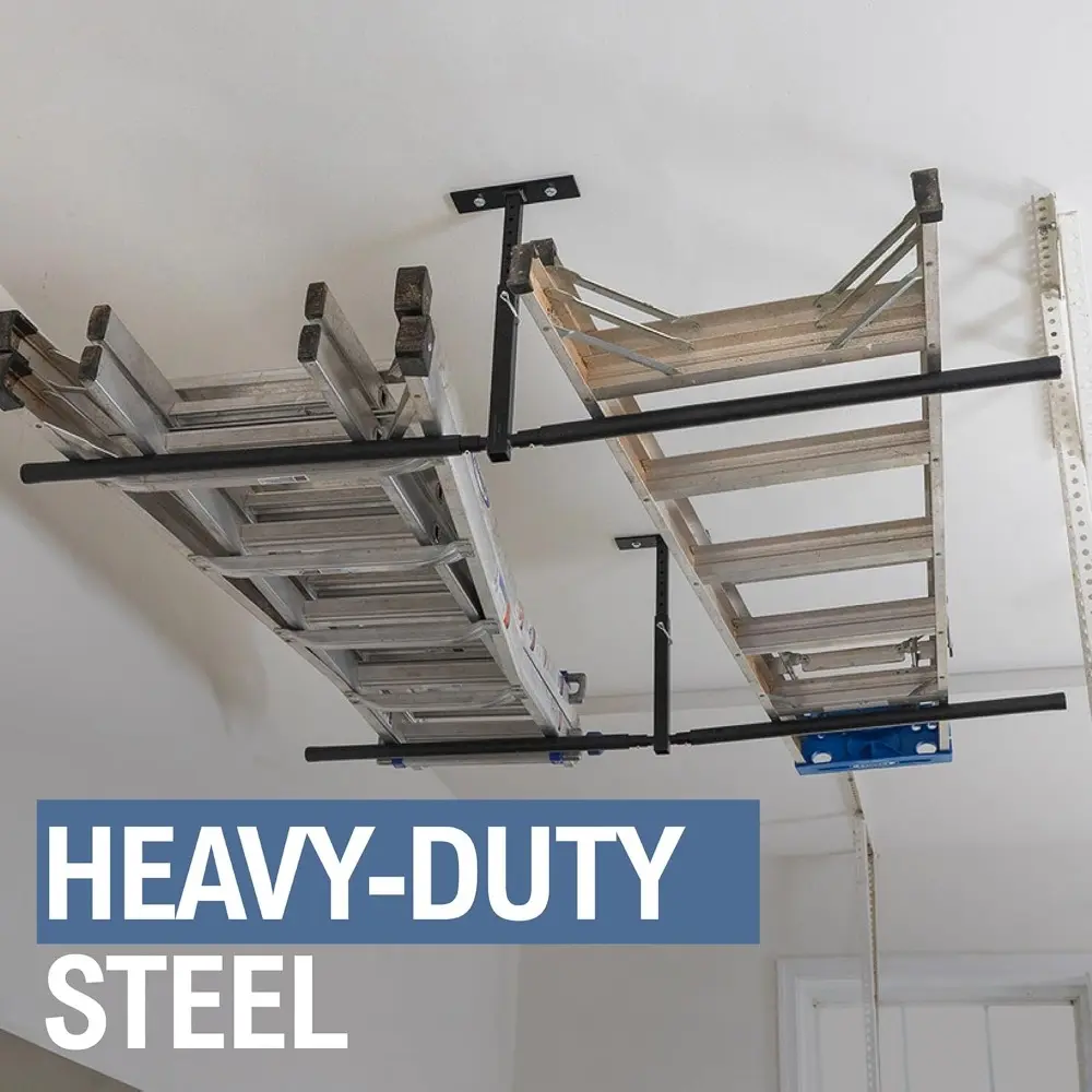 StoreYourBoard Double Ladder Ceiling Rack – Hi Port 2 Garage Ceiling Ladder Hanger | Adjustable Overhead Ladder Storage for Step