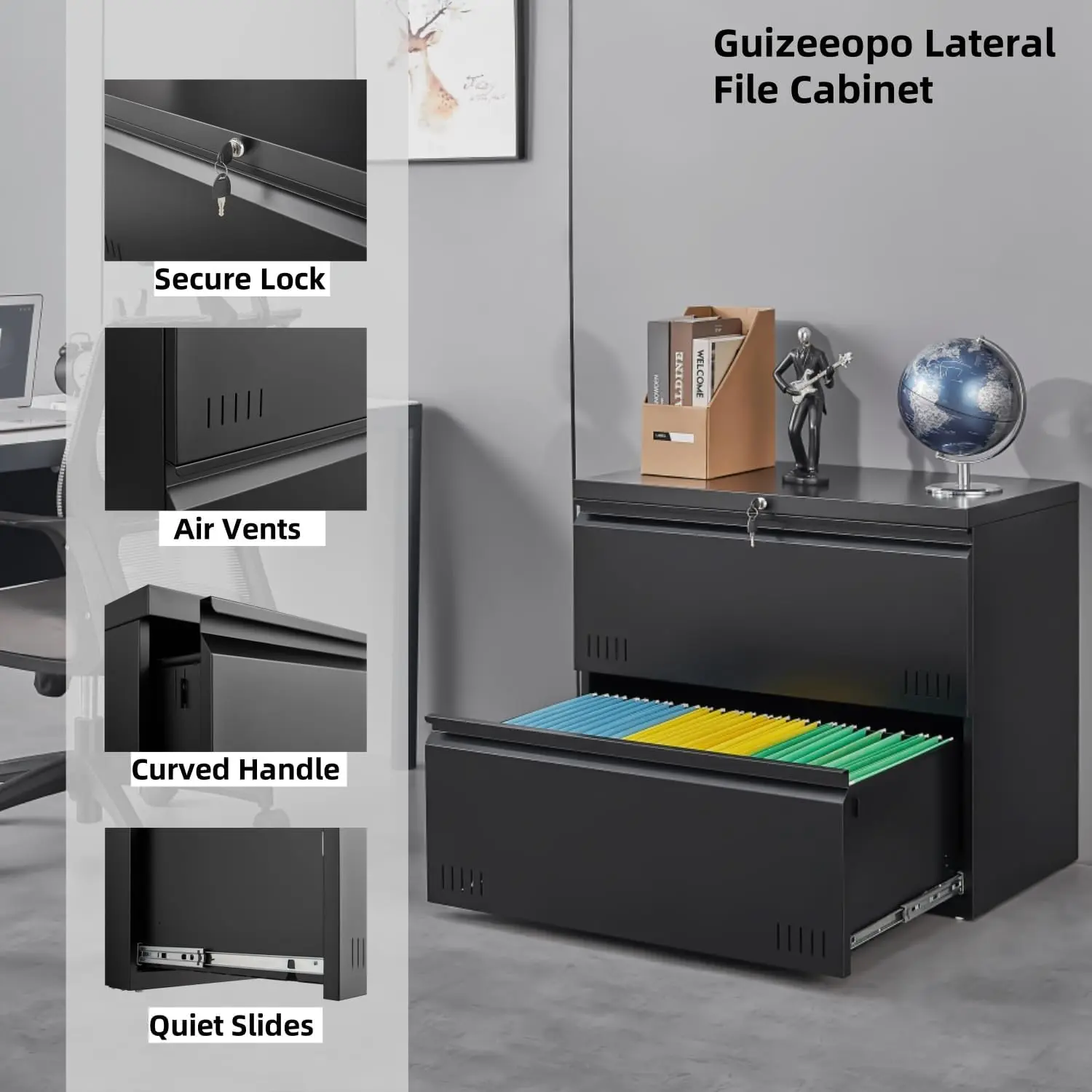 Metal File Cabinet with Lock, 2 Drawer Lateral File Cabinets for Home Office, Printer Stand, Heavy Duty Office Storage Cabinet